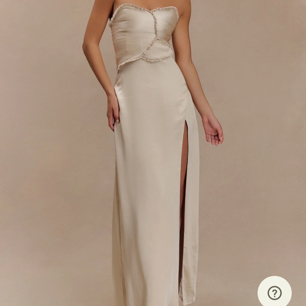 Meshki Cream Ruched Strapless Maxi Gown